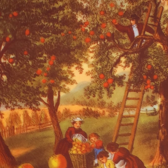 Corelle Vintage Plate Autumn Apple Picking Family Glass Dinnerware Corning USA - Picture 9 of 10